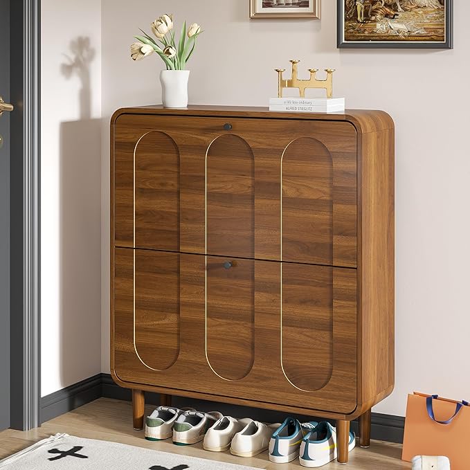 Narrow Shoe Storage Cabinet for Entryway with 2 Flip Drawers, Curved Shoe Cabinet with Arched Stripe Panel, Freestanding Hidden Shoe Organizer Closed for Foyer, Hallway (Walnut, 31.5 inches)