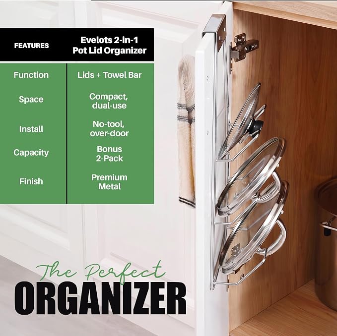 Evelots 2-in-1 Pot Lid Organizer with Towel Holder - 2 Pack, 3-Tier Cabinet Door Rack - Space-Saving Kitchen Organizer for Glass or Metal Pan Lids & Towels - Over the Door Design - Chrome