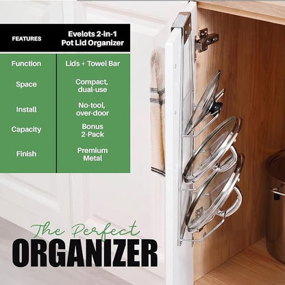 Evelots 2-in-1 Pot Lid Organizer with Towel Holder - 2 Pack, 3-Tier Cabinet Door Rack - Space-Saving Kitchen Organizer for Glass or Metal Pan Lids & Towels - Over the Door Design - Chrome