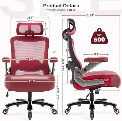 600lbs Big and Tall Office Chair- Heavy Duty Executive Computer Chair with 3D Flip Arms Large Wheels, Ergonomic Mesh High Back Desk Chair, Extra Wide Seat Adjustable Lumbar Support&Headrest