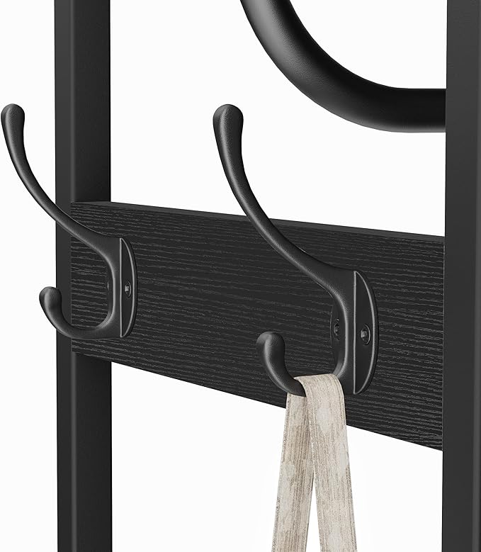 Coat Rack With Hanging Rod, Garment Rack With 3 Wooden Shelves and 4 Hooks, Freestanding Hall Tree, Industrial Clothes Rack Stand Organizer, Black