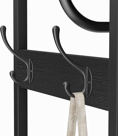 Coat Rack With Hanging Rod, Garment Rack With 3 Wooden Shelves and 4 Hooks, Freestanding Hall Tree, Industrial Clothes Rack Stand Organizer, Black