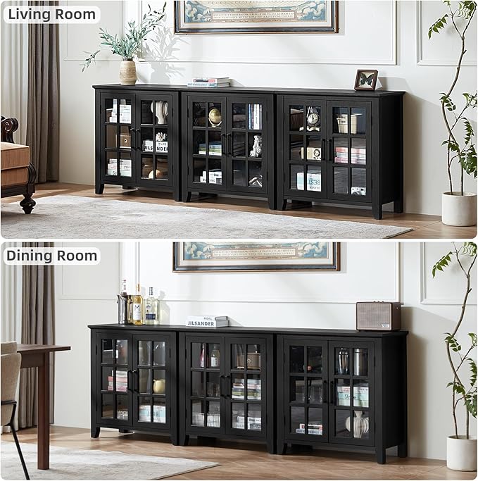 Large Sideboard Buffet Cabinet with Storage, 32" Farmhouse Kitchen Coffee Wine Bar Cabinet with 2 Glass Doors, Wood Mid Century Modern Side Board Table for Dining Room, Living Room, Black