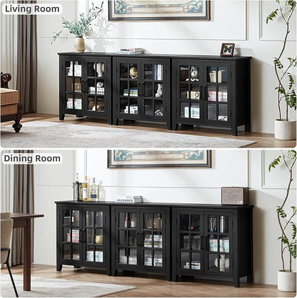 Large Sideboard Buffet Cabinet with Storage, 32" Farmhouse Kitchen Coffee Wine Bar Cabinet with 2 Glass Doors, Wood Mid Century Modern Side Board Table for Dining Room, Living Room, Black