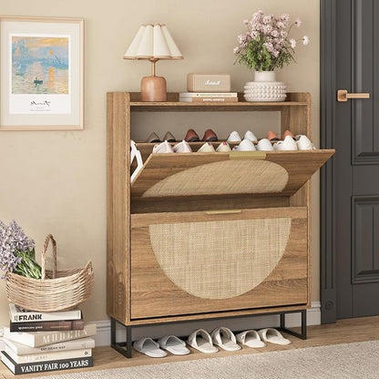 Maupvit Rattan Shoe Storage Cabinet with 2 Flip Drawers, Freestanding Shoe Organizer with Metal Legs for Entryway, Hidden Golden Handles, Narrow Shoe Rack Cabinet, Rustic Oak Rattan