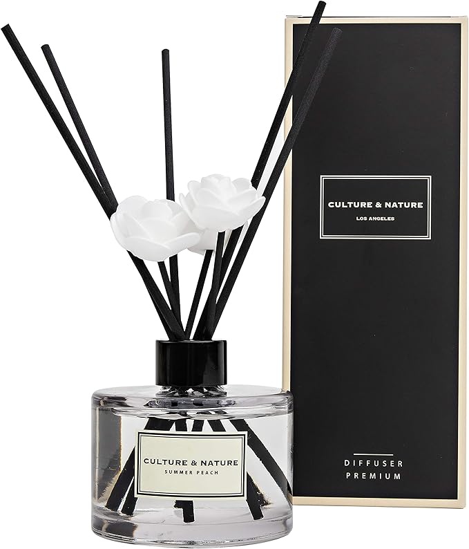 CULTURE & NATURE Reed Diffuser Set 6.7oz (200ml) Summer Peach Scented Diffuser with Sticks Home Fragrance Reed Diffuser for Bathroom Shelf Decor