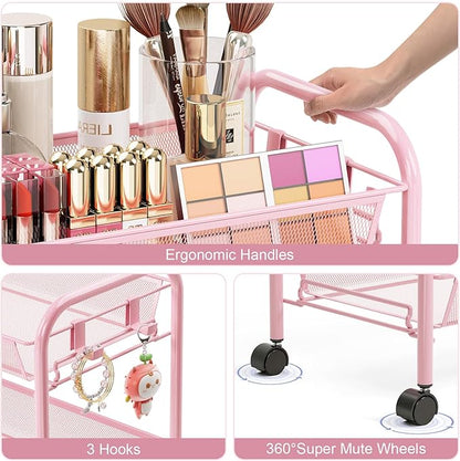 TOOLF 4 Tier Rolling Utility Cart - Durable Metal Design Pink Utility Cart, Storage Trolley on Wheels with 3 Hooks, Perfect for Kitchen, Bathroom & Laundry Room Organization