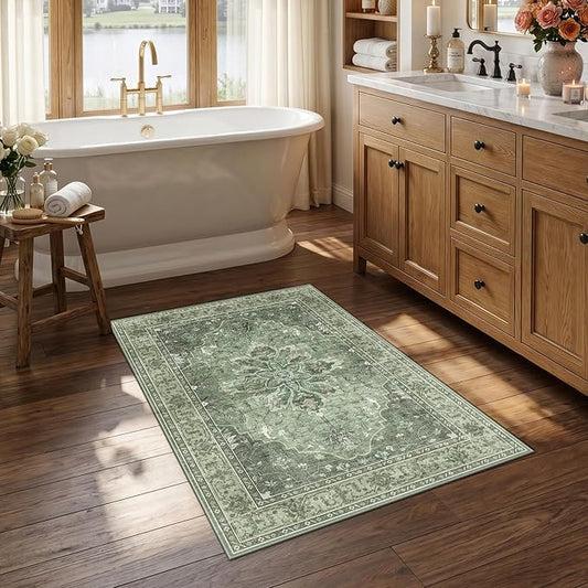 RELEANY Area Rugs Small 2'6"x4' Washable Non-Slip, Floral Vintage Distress Medallion Carpet for Kitchen Entryway Bathroom, Dark Green Gray
