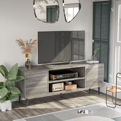 JUMMICO TV Stand for 65 Inch TV, Mid Century Modern TV Stand, Entertainment Center with Storage Cabinet and Open Shelves, TV Console Table Media Cabinet for Living Room, and Bedroom (Gray)