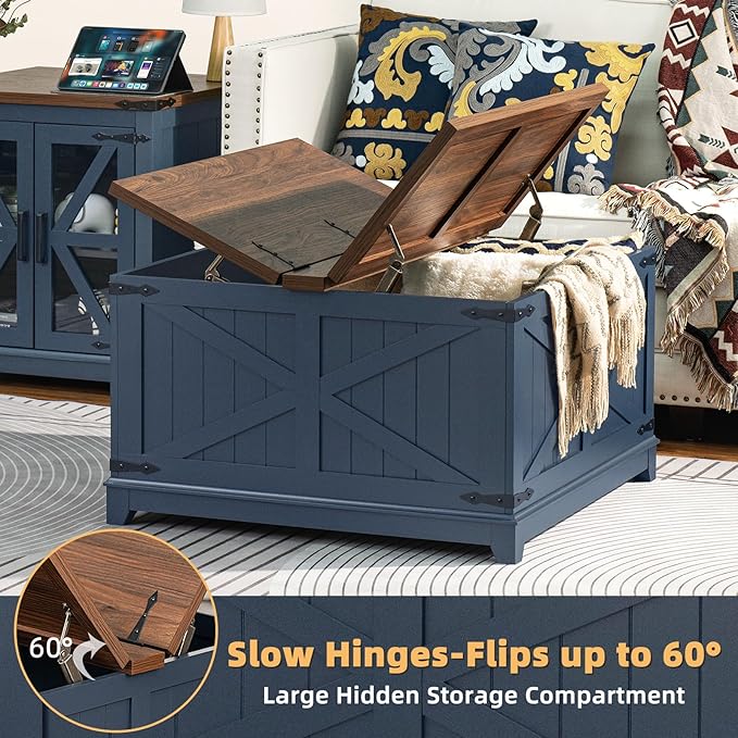 Farmhouse Coffee Table Sets 3 Pieces, Large End Side Tables with Charging Station and Coffee Table with Hidden Storage Compartment, Blue Living Room Table Set, Wood Furniture Sets for Home Office