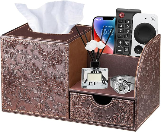 Nightstand Organizer with Tissue Holder,PU Leather Square Tissue Box Cover,Modern Facial Paper Organizer Storage Box for Remote Control,Bathroom,Vanity Countertop,End Table Home Office