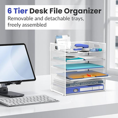 Daltack 6 Tier Paper Organizer for Desk, Paper Letter Tray Organizer for Desks, Mesh Desk File Organizers with Handle for Office, Home, School, White