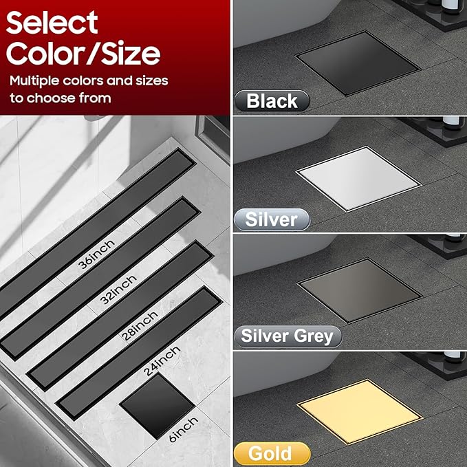 DLONE Square Shower Drain | 6 Inch AISI 304 Stainless Steel Shower Drain with Tile Insert Panel, Matte Black Shower Floor Drain in Bathroom, Balcony etc