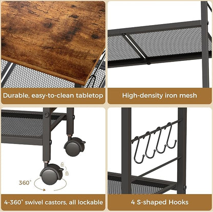 BEWISHOME Rolling Kitchen Cart 3 Tier, Microwave Kitchen Cart with Storage Function, Practical Roller Cart with 4 Locking Wheels for Kitchen, Living Room, Bathroom, Office, Bar (Brown) 99ZCC01H