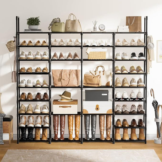 WOWLIVE 4 Row 9 Tiers Extra Large Shoe Rack 68-72 Pairs Big Tall Metal Shoe Shelf, Heavy Duty Organizer for Closet Entryway, Boot Rack Storage Stackable Stand for Garage Black