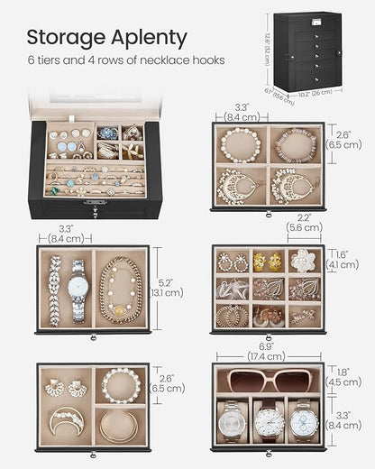 SONGMICS 6 Tier Jewelry Box, Jewelry Storage Organizer with 5 Drawers, Large Storage Capacity, with Mirror, Lockable, Jewelry Case, Gift for Loved Ones, For Watches, Black UJBC152B01