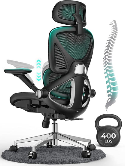 CAPOT Ergonomic Mesh Office Chair, Adjustable Lumbar High Back Desk Chair 400lbs, 4D Flip-up Arms, 3 Tilt Backrest, 3D Headrest, PU Wheels, Swivel Rolling Computer Chair for Long Desk Work - Black