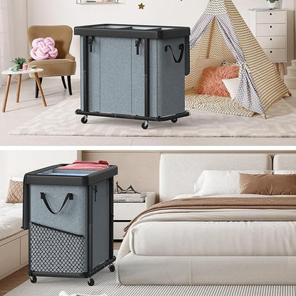 230L (60 Gal) Large Fashion Laundry Basket with Wheels, Leather Patchwork Laundry Sorter 3 Section, Sturdy Metal Frame, Removable Washable Bag, Tall Clothes Sorter for Bedroom - Gray