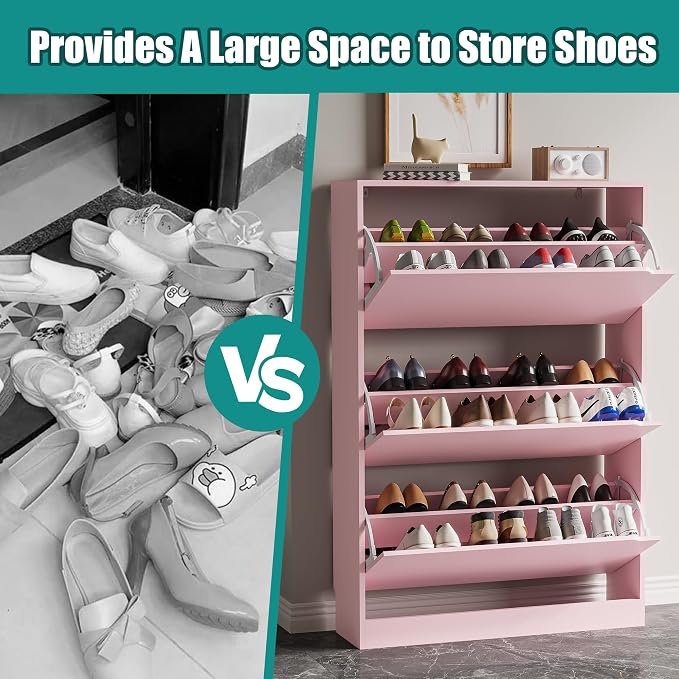 Xixini Shoe Storage Cabinet for Entryway with 3 Flip Drawers, Sturdy Wood Hidden Shoe Storage, Freestanding Narrow Slim Shoe Organizer for Front Door Entrance, Living Room, Hallway, Bedroom, Pink