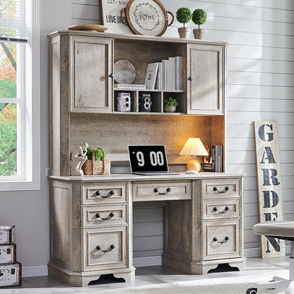 T4TREAM 59" Farmhouse Wood Desk Hutch with Ample Storage, Only Match VSC Series Farmhouse Desk (Light Rustic Oak)