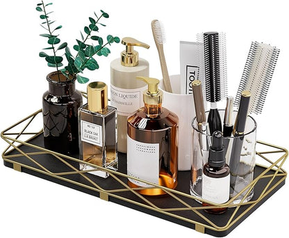Toilet Paper Basket Holder, 13" Bathroom Tray Countertop, Wood and Metal Toilet Tank Tray Bathroom Vanity Organizer for Toiletry, Kitchen Sink Organizer for Soap Dispenser (Black + Gold)