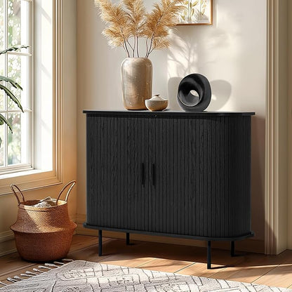 LuxenHome Sideboard Buffet Cabinet with Storage, 35" Black Mid Century Modern Accent Cabinet, Sliding Door Entryway Small Storage Cabinets for Kitchen, Living Room, Entryway