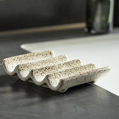 Soap Dish for Shower, Self Draining Bar Soap Holder for Shower, Ceramic Bathroom Soap Saver with Fluted Design, Suitable for Soap Bar, Sponge