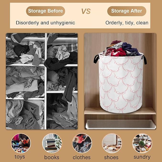 Cute Pink Bows Collapsible Laundry Baskets,Laundry Hamper,Storage Basket with Handles for Bathroom Bedroom College Dormitory Living Room Nursery Organizer 16"x20"