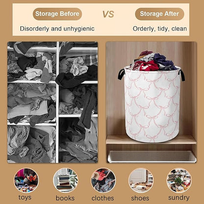 Cute Pink Bows Collapsible Laundry Baskets,Laundry Hamper,Storage Basket with Handles for Bathroom Bedroom College Dormitory Living Room Nursery Organizer 16"x20"