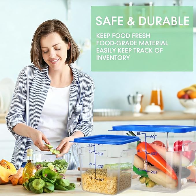 Lallisa 4 Pcs 8 Qt and 4 Qt Clear Food Storage Containers with Lids, Handles and Scales, Commercial Grade Square Containers Polycarbonate Air Tight for Home Storage Kitchen Restaurant (Blue)