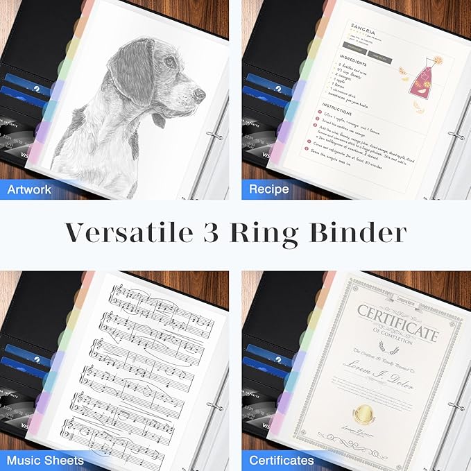 Ospelelf Leather Binder with 58 Plastic Sleeves, 3 Ring Presentation Binder for 8.5x11, Portfolio Organizer with 8 Tabbed Sleeves & Zipper Pocket for Documeents, Artwork, Certificates Black