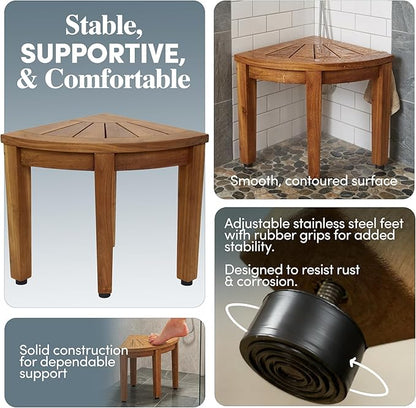 AquaTeak 12" Kai OptiAREA Teak Foot Rest - Corner Shower Stool for Shaving Legs - Durable, Water-Resistant Foot Stool with Anti-Slip Feet & Space-Saving Design - Indoor & Outdoor Use