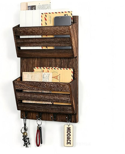 MOOACE Mail Organizer Wall Mount with Key Hooks, 2-Slot Wood Mail and Key Holder, Wall File Organizer Office Letter Folder Accessories Organizer Home Farmhouse Decor