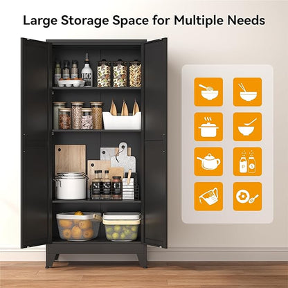 COFaR 61" Tall Pantry Cabinet in Black, Modern Storage Cabinet with Adjustable Shelves, Sturdy Metal Cupboard for Kitchen, Office, Living Room & Bathroom Organization