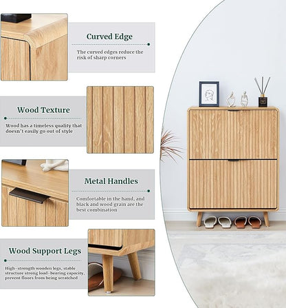 Fluted Shoe Cabinet Storage for Entryway,Slim Shoe Cabinet with 2 Flip Drawers, Narrow Shoes Rack Organizer (All Natural, 2 Drawers)