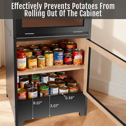 Large Potato and Onion Storage Bin - Wooden Stackable Bread Storage Box with Lid & Mesh Doors, Decorative Fruit and Vegetable Organization Cabinet for Kitchen, 15.75"W x 10.7"D x 33.5"H (Black)