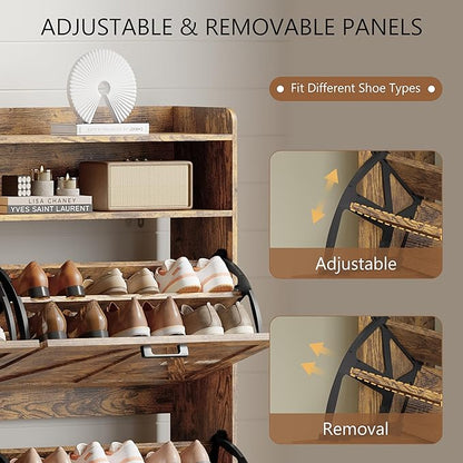 Shoe Cabinet with 4 Flip Drawers, Freestanding Hidden Shoe Storage Organizer for Entryway, Narrow Slim Shoe Rack Cabinet with Open Storage & Hooks for Front Door Entrance, Living Room, Hallway, Brown
