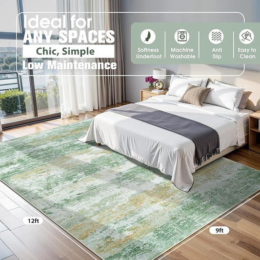 9x12 Area Rugs for Living Room Rug Washable: Abstract Large Rug for Dining Room Bedroom Carpet Non Slip 9 by 12 Indoor Modern Nursery Home Office Green