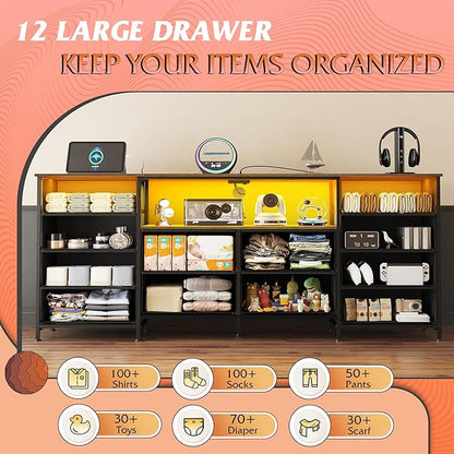 WLIVE 12 Drawer Dresser for Bedroom, Dresser TV Stand for 65, 70, 75 inch TV with Led Lights & Charging Station, Wide Chest of Drawers with Open Shelves, Fabric Dressers for Living Room, Rustic Brown