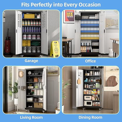 Aobabo Upgraded Garage Storage Cabinets with Wheels,Metal Storage Cabinets with 5 Adjustable Shelves for Garage Home Office Storage, Black&Silver,71''H*32''W*16''D,Assembly Required
