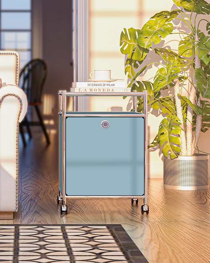 Simplink Elegant Matte Storage Cart with 22.8" Height - Perfect Side Table, Night Stand - Large Capacity with Flap Door, Detachable Wheels - Ideal for Home, Office, Bedroom, Kitchen (Blue)