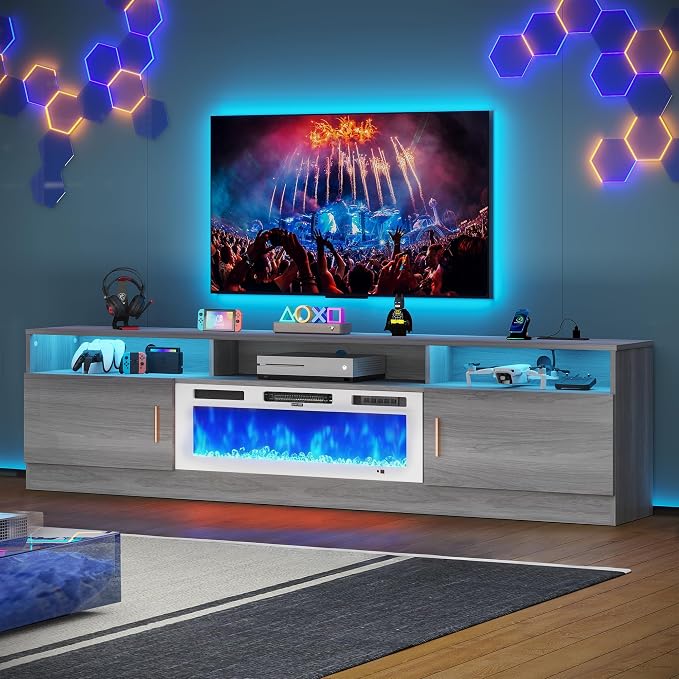 MXV 78" Fireplace TV Stand with Power Outlet for TVs UP to 90", Electric Fireplace Entertainment Center with LED Lights & Storage Cabinets, TV Console for Living Room, Office, Grey-White