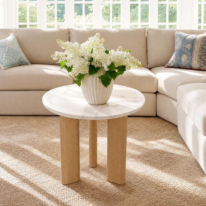 Yechen Nesting Coffee Table Set of 2, Mid Century Modern Coffee Table with Faux Marble Top, Round Tea Table and End Table Set, Minimalist Center Tables for Living Room, Office, or Apartment