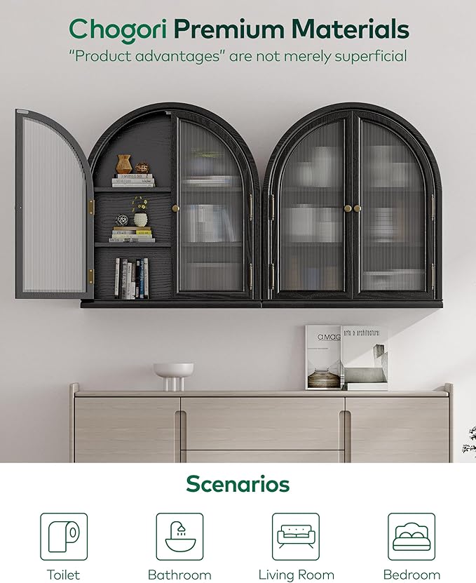 Chogori Arched Bathroom Wall Cabinet, 27x24x9 Inch Over The Toilet Storage Cabinet with Acrylic Doors & 3 Adjustable Shelves, Wall Mounted Cabinet for Bathroom, Kitchen, Laundry Room, Black