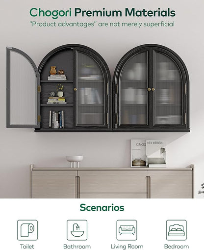 Chogori Arched Bathroom Wall Cabinet, 27x24x9 Inch Over The Toilet Storage Cabinet with Acrylic Doors & 3 Adjustable Shelves, Wall Mounted Cabinet for Bathroom, Kitchen, Laundry Room, 2PCS, Black