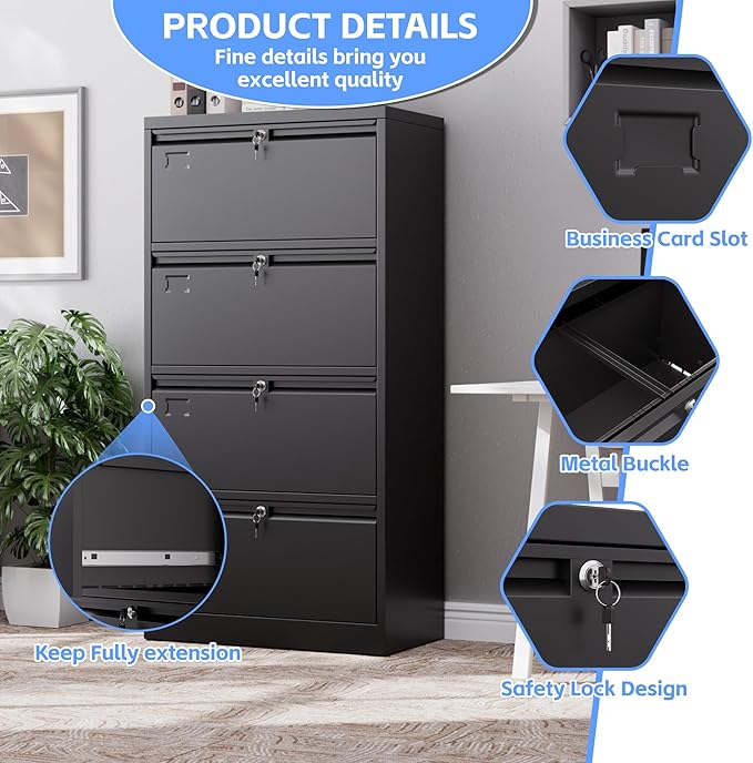 57.17"H Lateral File Cabinet with 4 Drawer,Metal Wide Filing Cabinet with 4 Locks and Business Card Slot for Home Office School Hanging Letter/Legal/F4/A4 Size Folders,Required Assembly,Black