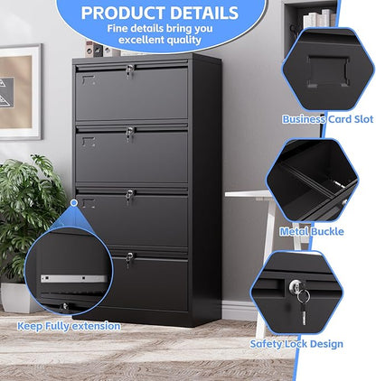 57.17"H Lateral File Cabinet with 4 Drawer,Metal Wide Filing Cabinet with 4 Locks and Business Card Slot for Home Office School Hanging Letter/Legal/F4/A4 Size Folders,Required Assembly,Black