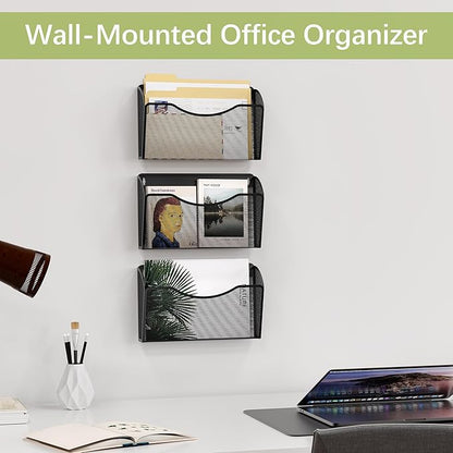EasyPAG Wall File Organizer 3 Pack, Hanging File Organizer Wall Mount, Metal Mesh Folder Holder for Letter/A4 Papers, Mail Sorter for Office, Classroom, Home, Black