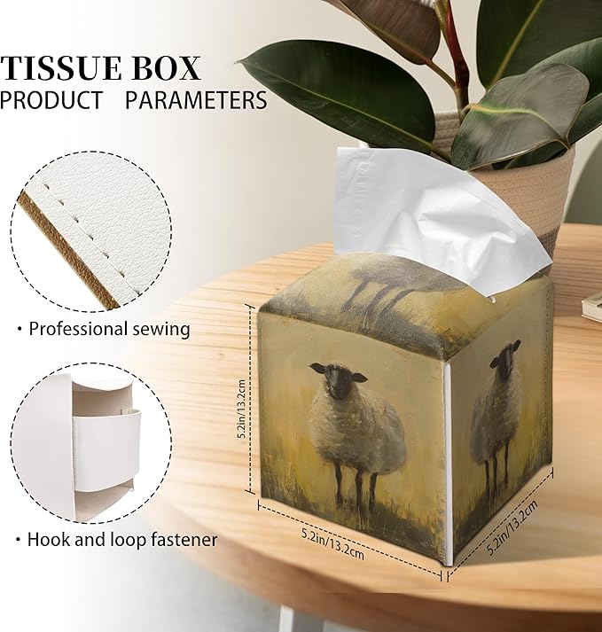 Grace Yonks Cute Sheep Tissue Box Cover Square, Farmhouse Cube Case for Facial Tissues, 5.2" PU Leather(069)