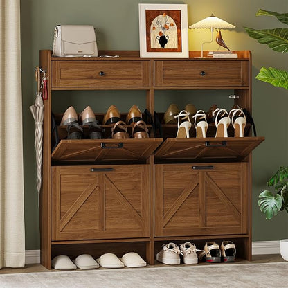 Shoe Storage Cabinet for Entryway, Farmhouse Wide Shoe Cabinet with 4 Flip Drawers and 2 Top Drawers, Freestanding Organizer with Adjustable Shelves, Hooks, and Anti-Tip Kit for Hallway